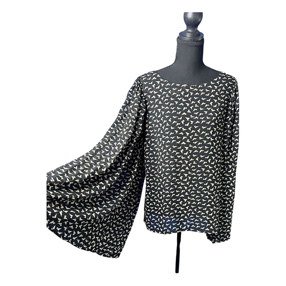 Womens Bowtie Cat Novelty Blouse Sz M Flare Sleeve Flowy Whimsical Whimsygoth